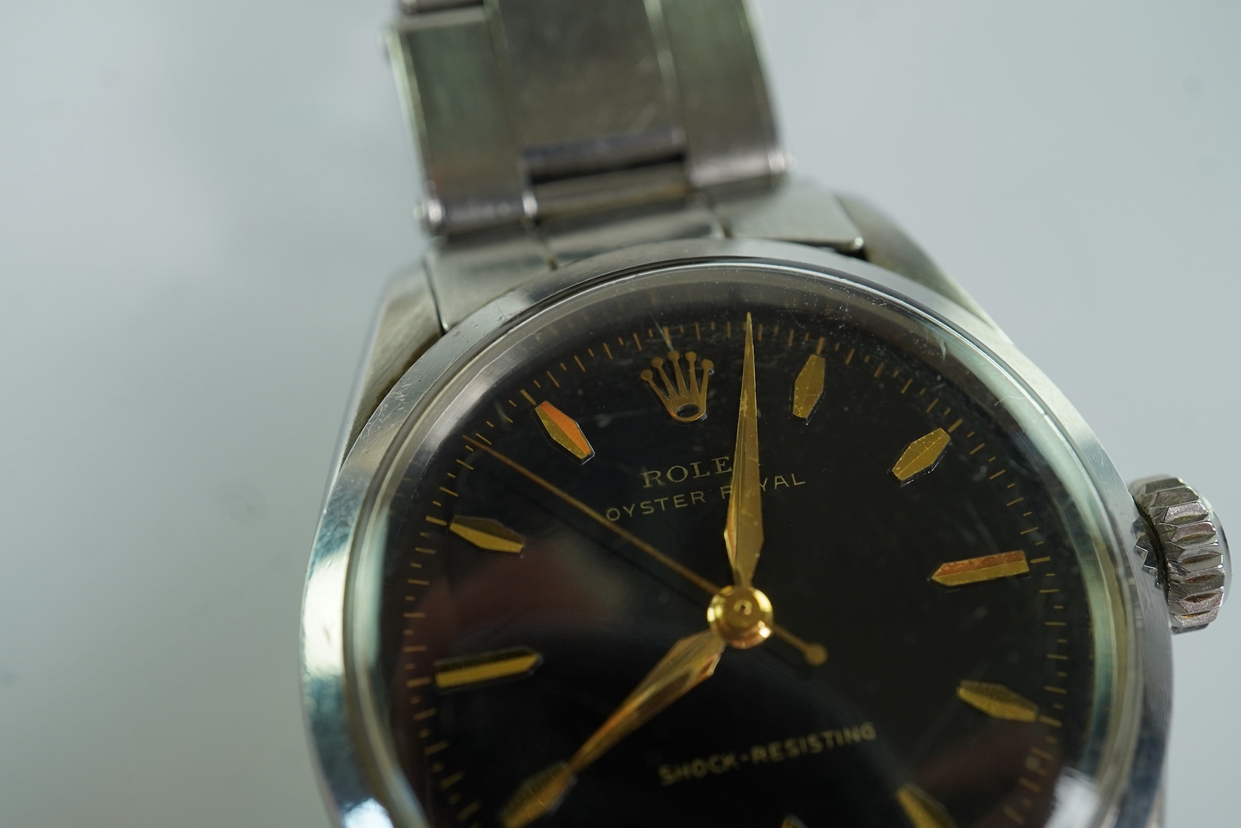 A gentleman's 1950's stainless steel Rolex Oster Royal shock-resisting manual wind mid-size wrist watch